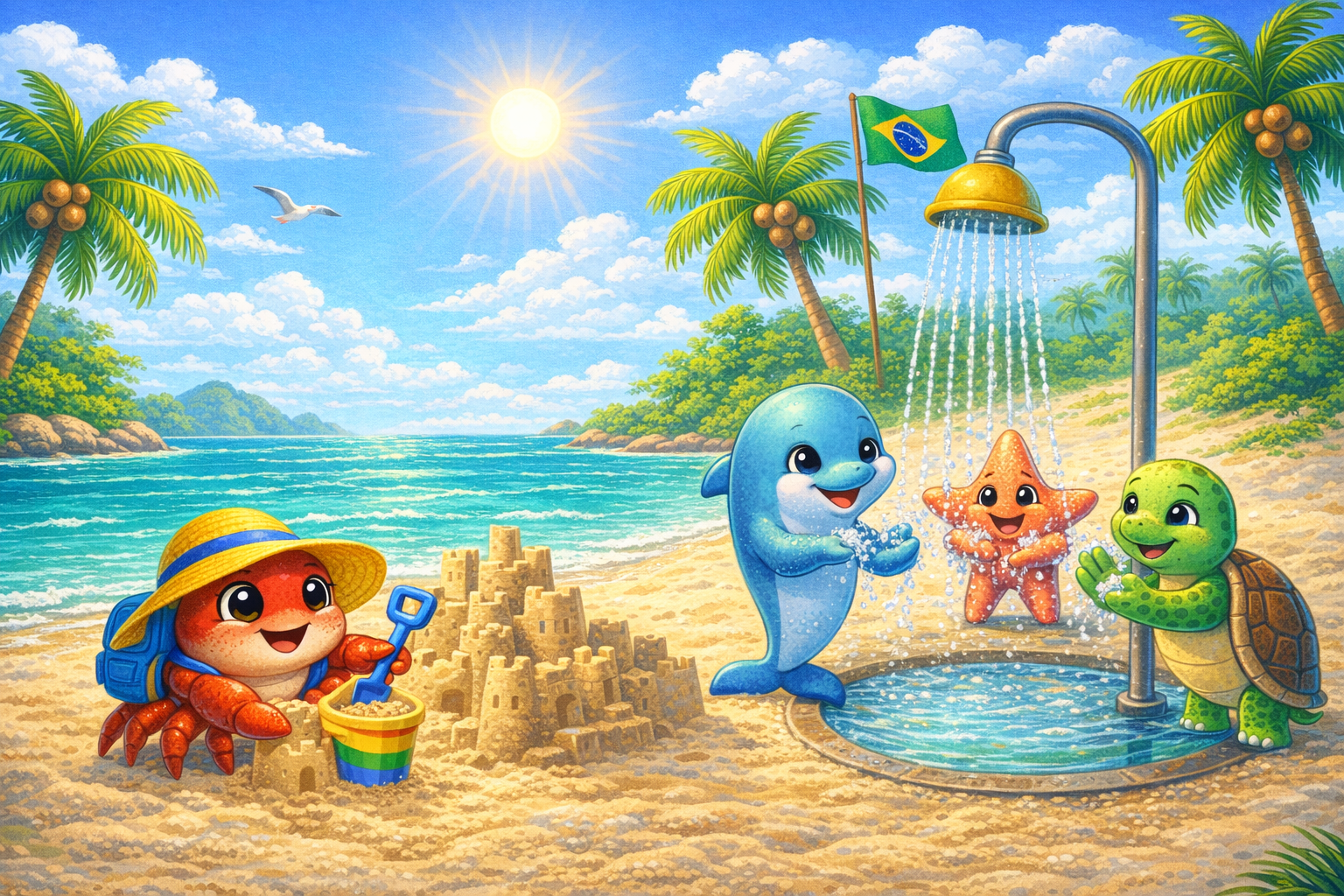 Ilustração da história Cacau e o Chuveirinho da Praia