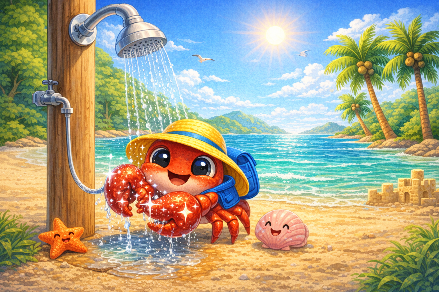 Ilustração da história Cacau e o Chuveirinho da Praia