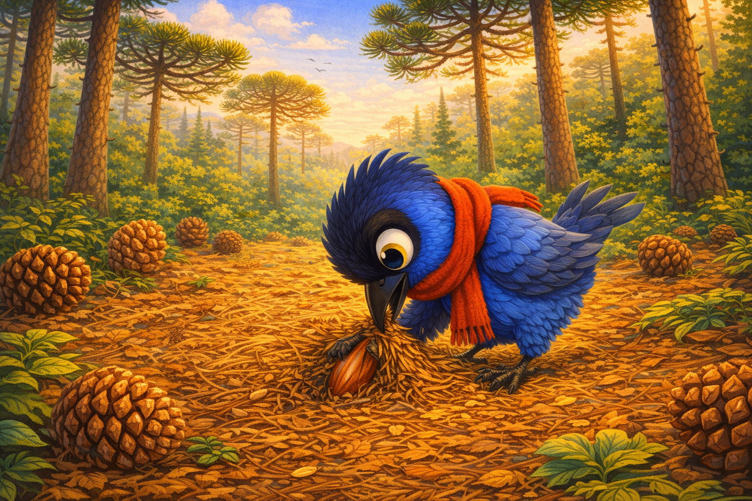 Ilustração da história Guta, a Gralha-Azul, e o Pinhão que Virou Amanhã