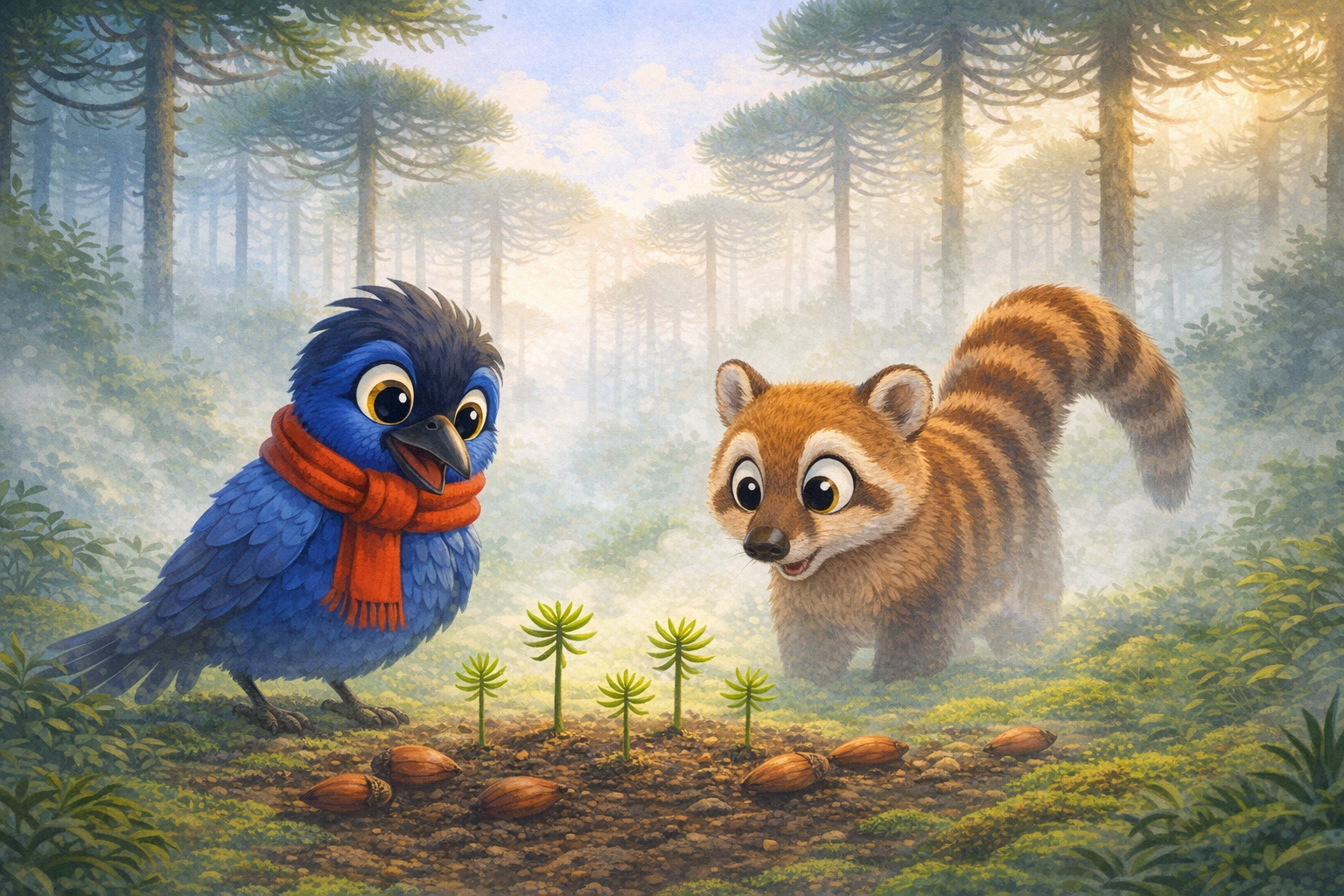 Ilustração da história Guta, a Gralha-Azul, e o Pinhão que Virou Amanhã