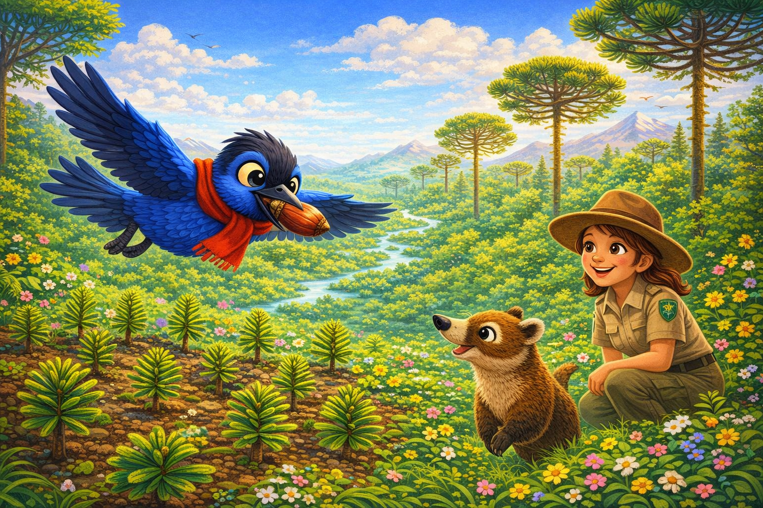 Ilustração da história Guta, a Gralha-Azul, e o Pinhão que Virou Amanhã