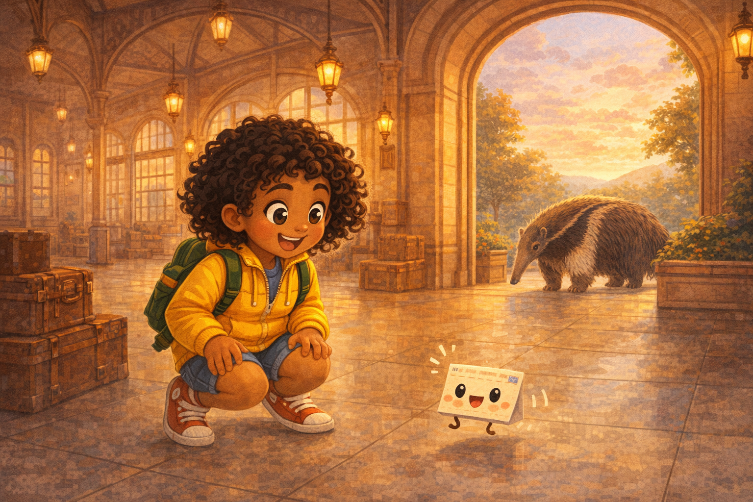 Ilustração da história Nara e o Bilhete Saltitante da Estação dos Dois Pontos