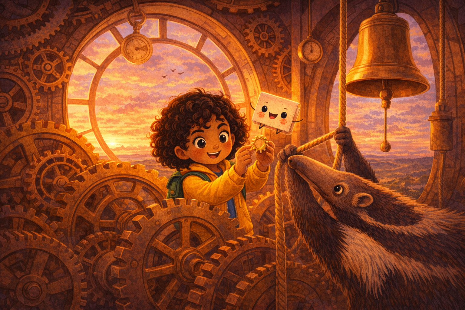 Ilustração da história Nara e o Bilhete Saltitante da Estação dos Dois Pontos