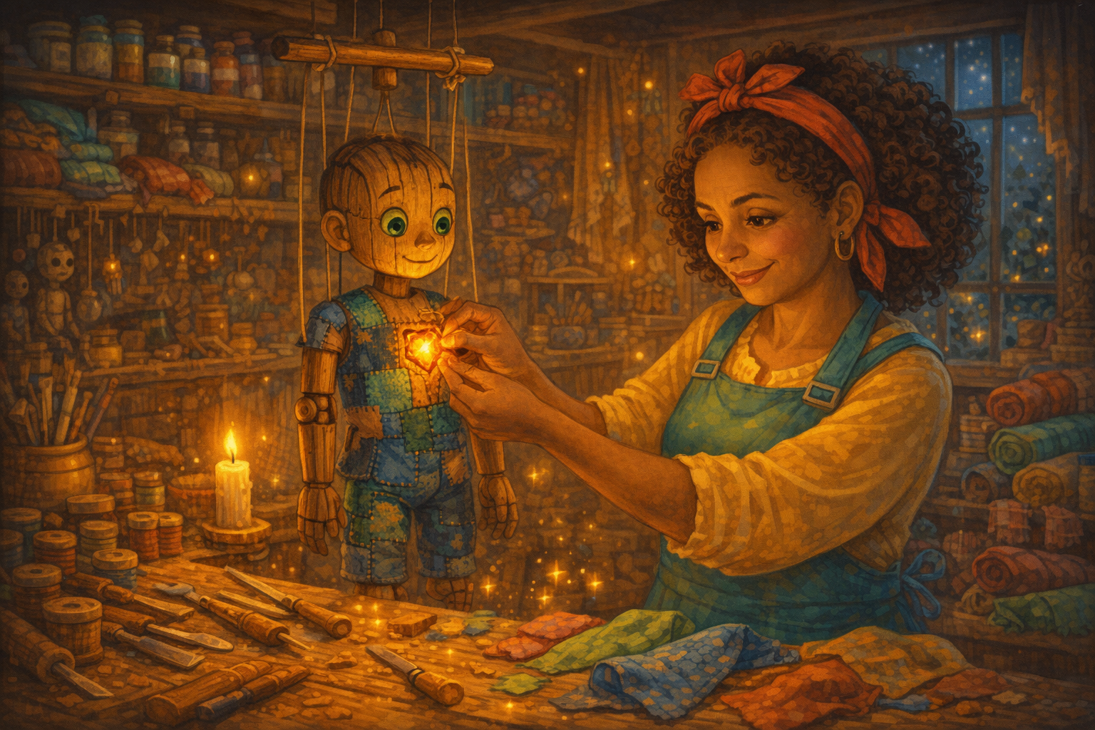 Ilustração da história Otávia e o Marionete de Âmbar que Colecionava Risos