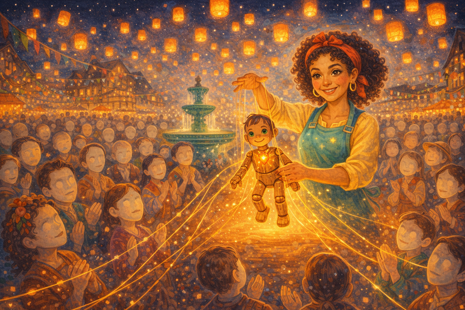 Ilustração da história Otávia e o Marionete de Âmbar que Colecionava Risos